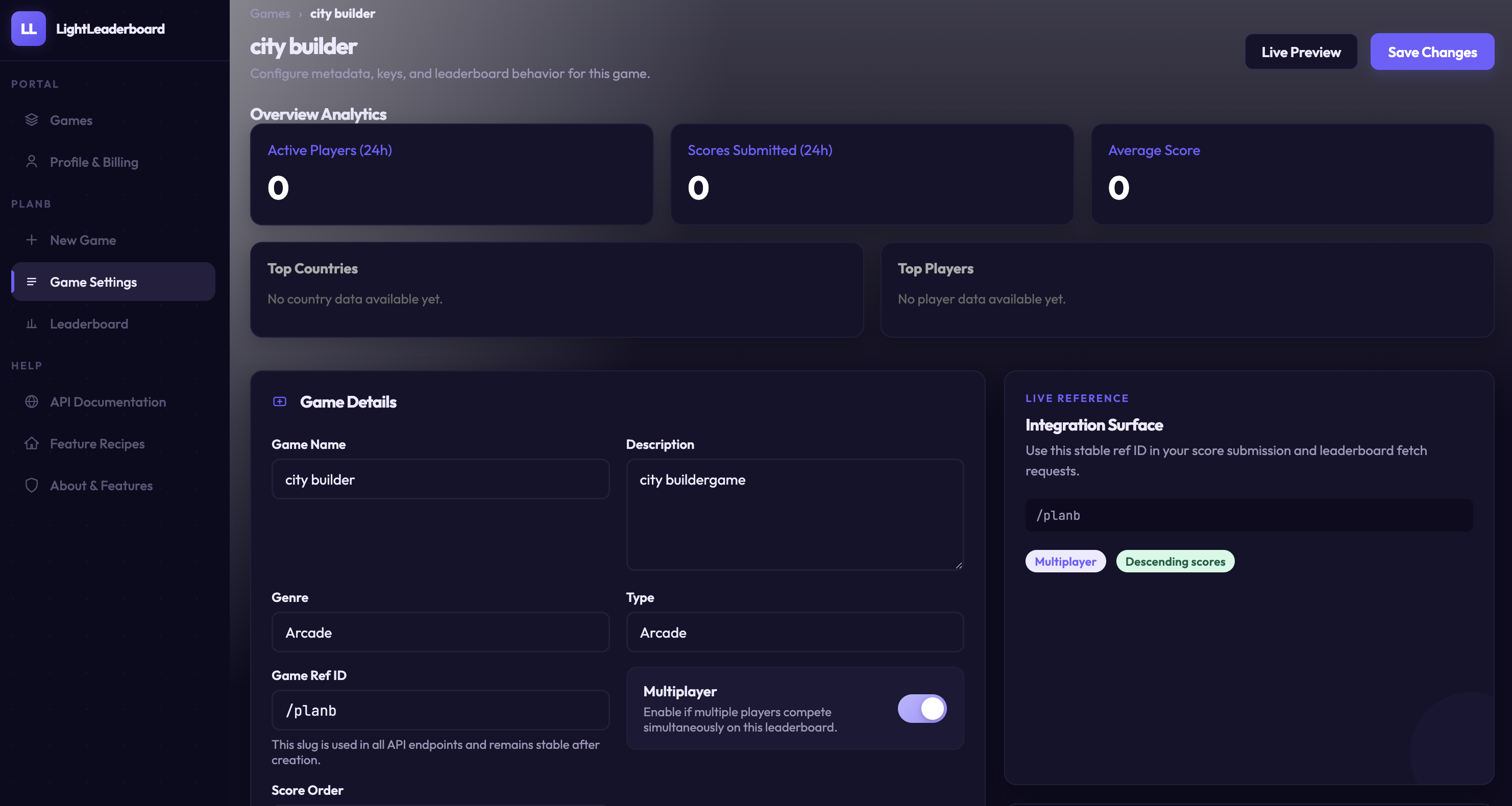 LightLeaderboard developer dashboard